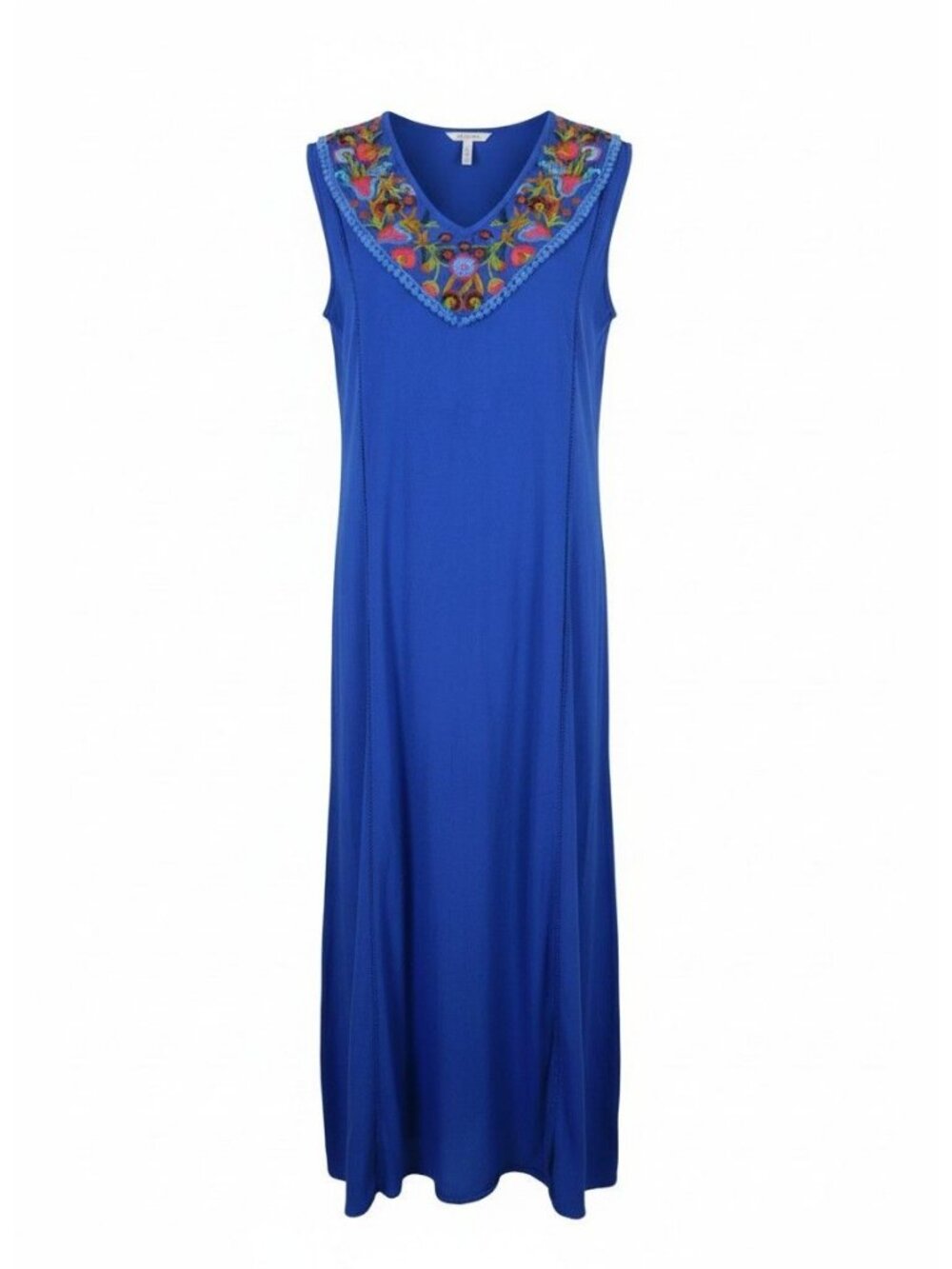 Studio West Blue Sleeveless Dress With Embroidered Floral Neckline